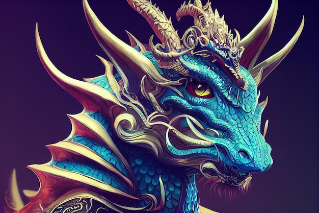 Blue dragon with a crown on its head generative ai