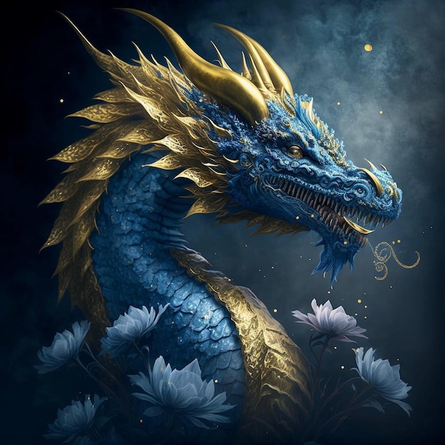 A blue dragon with gold hair and a gold head.