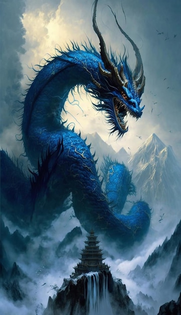 Blue dragon with a mountain in the background