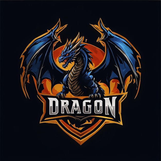 Photo blue dragon with spread wings and a shield logo