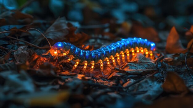 Photo a blue dragonfly is lit up in front of a fire