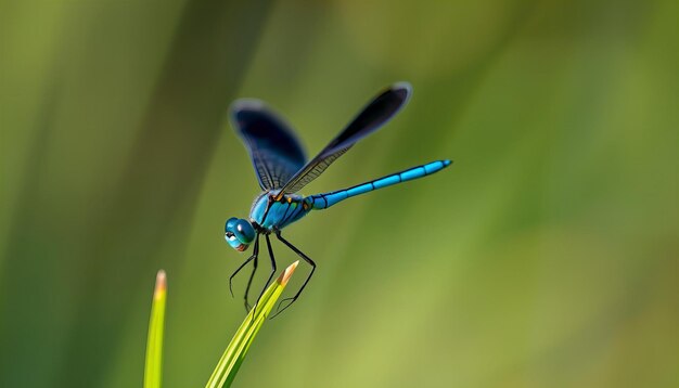 a blue dragonfly with a blue tail sits on a flower