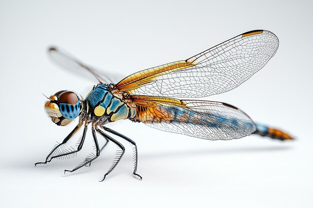 a blue dragonfly with orange and blue markings