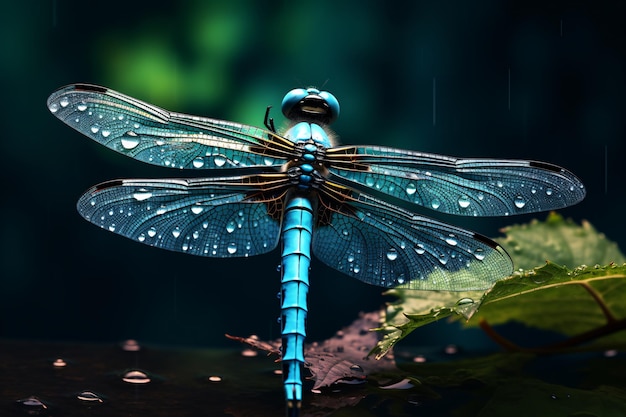 a blue dragonfly with water droplets on wings