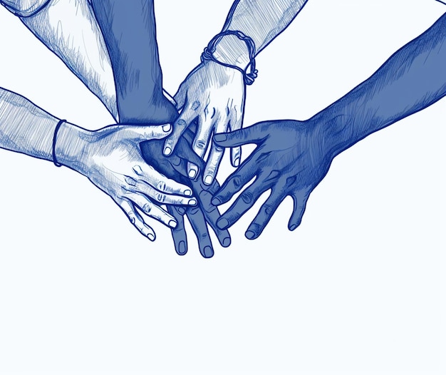 a blue drawing of people holding hands with one that saysfive