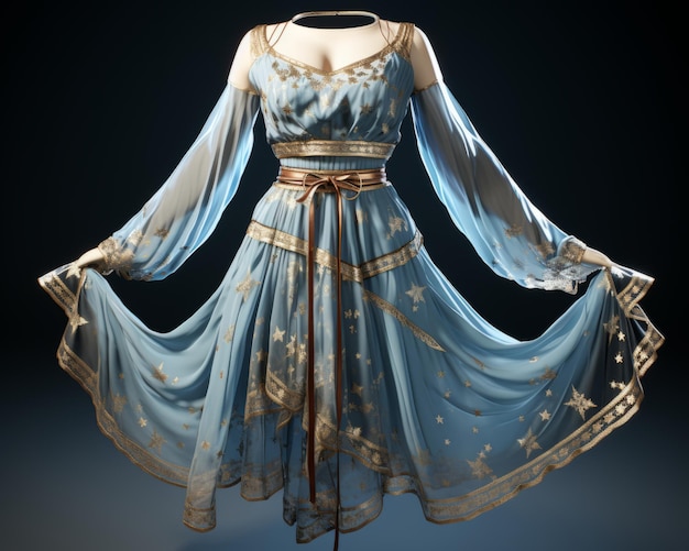 a blue dress with gold stars on it