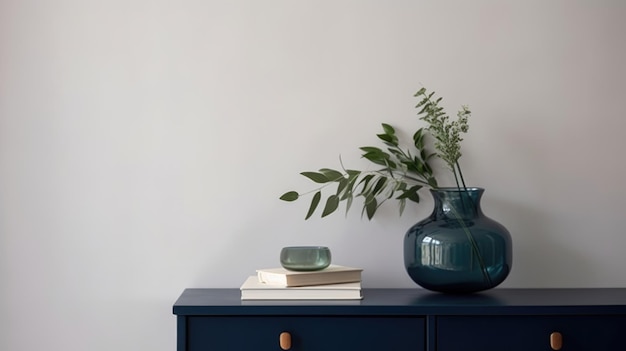 A blue dresser with a vase of flowers on it and a stack of books on top.