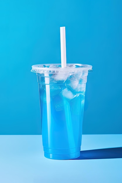 Blue drink in a plastic cup isolated on a blue background Take away drinks concept