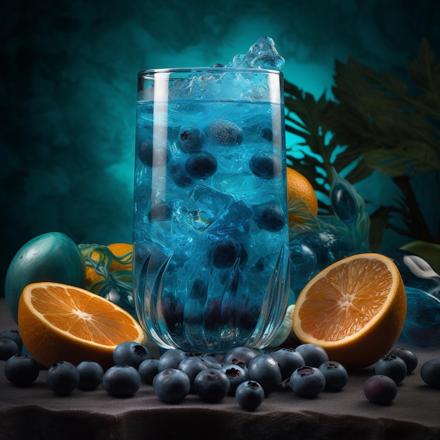 A blue drink with blueberries and oranges on a table.