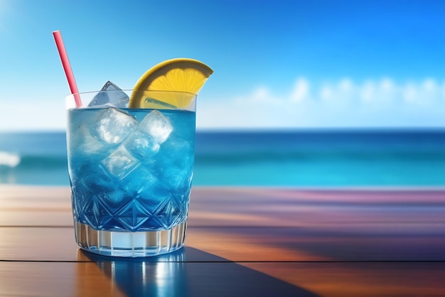 A blue drink with a straw in it is on a table by the ocean