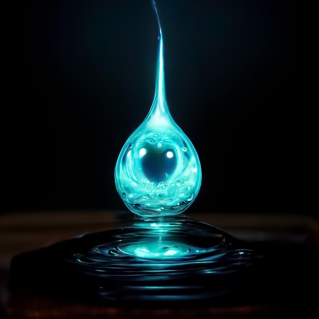 A blue drop of water is on a black surface with a black background.