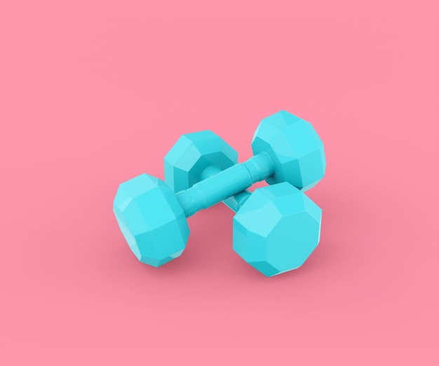 Blue dumbbells on a pink background. Minimalistic design object. 3d rendering.