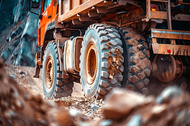 a blue dump truck with large wheels on it