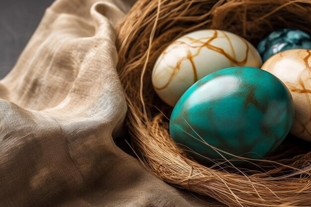 Blue egg with gold and turquoise paint in a nest