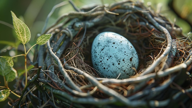 a blue egg with a green nest with a green plant in the background