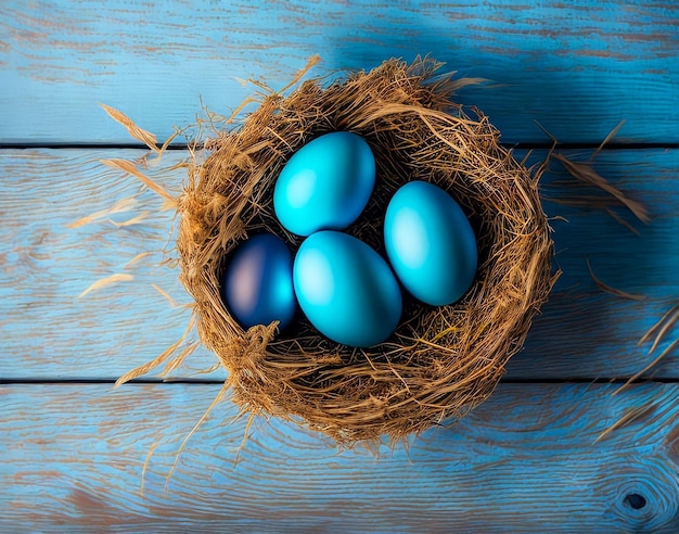 Blue eggs in a nest on a blue wooden table