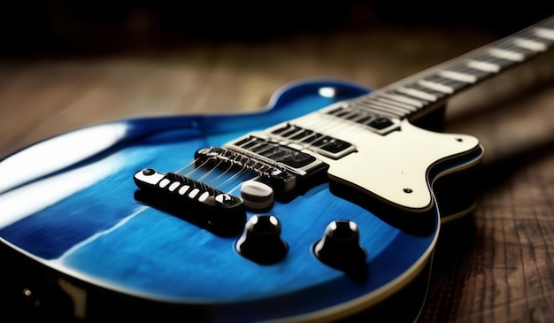 a blue electric guitar with a black and white body