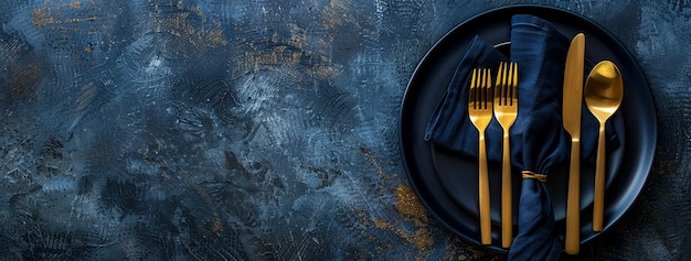 Blue Elegant Table Setting Blue Plates With Gold Cutlery Set Above on Dark Blue Background