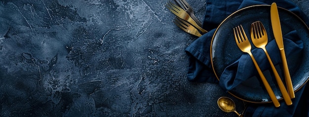 Photo blue elegant table setting blue plates with gold cutlery set above on dark blue background