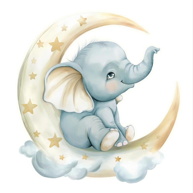 a blue elephant sits on a cloud with gold stars and a moon