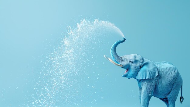 Photo a blue elephant with its trunk raised and spraying water against a light blue background