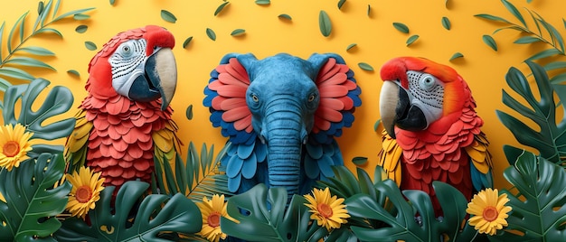 a blue elephant with a red and yellow feathers on its head