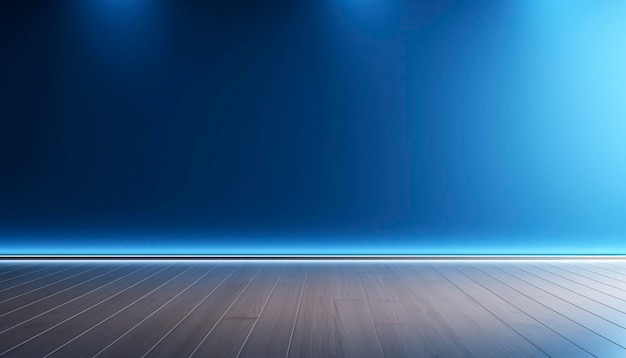 Blue empty wall and wooden floor with interesting light glare Interior background for the presentation ar 74 v 52 Job ID ebeedf7f350648d7b3da6c92b52fccdc