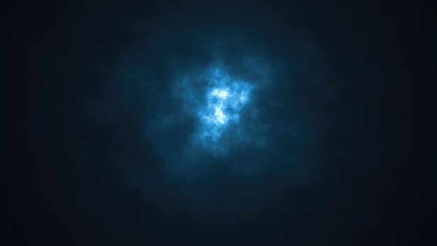 Blue ethereal light emerges through dark clouds in a cosmic scene at night