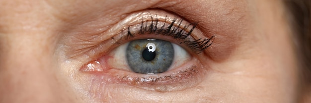 Blue eye of elderly woman look straight