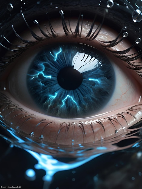 a blue eye with a blue eye and the word on it