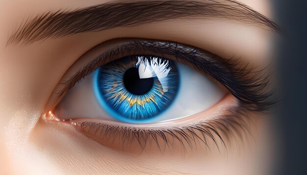 a blue eye with a yellow and white iris