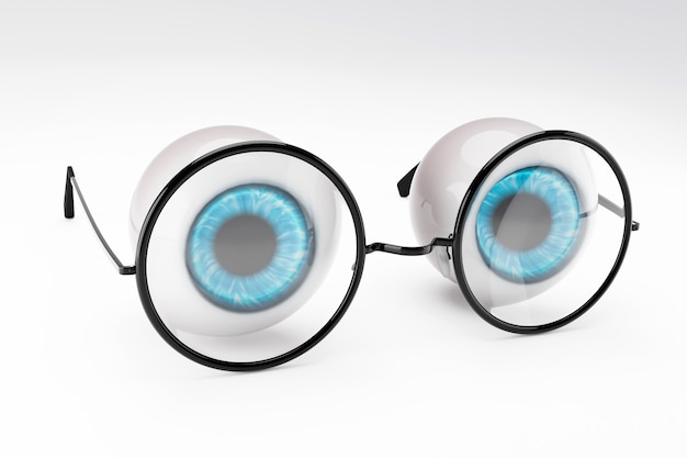 The blue eyeball of the human eye and black round glasses put on white