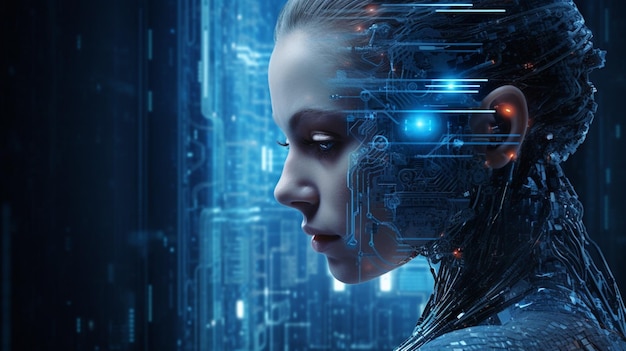 blue eyed cyborg woman watches futuristic computer data