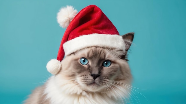 Blue eyed Ragdoll cat in Santa hat against a teal background perfect for festive promotions