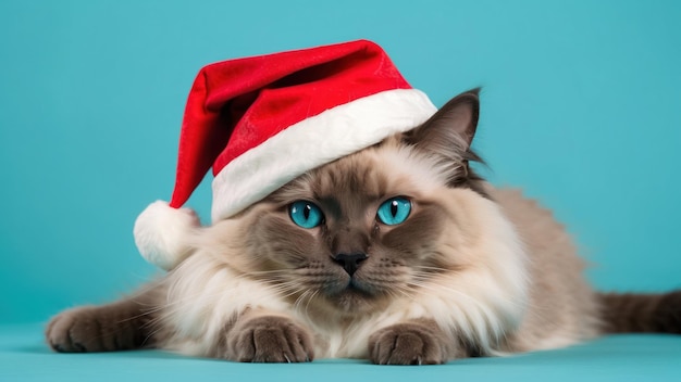 Blue eyed Ragdoll cat in Santa hat against a teal background perfect for festive promotions