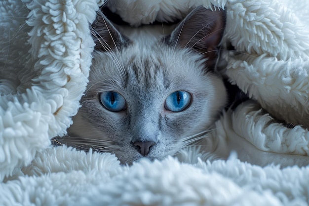 Blue Eyed Siamese Cat Peeking Out from Cozy White Blanket Adorable Pet Close up Interior Domestic