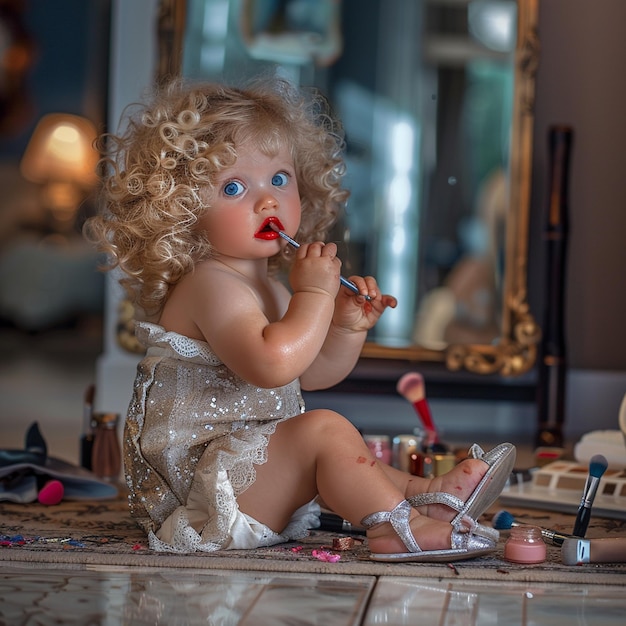 Photo blue eyed toddler with blonde curls playing with makeup and lipstick