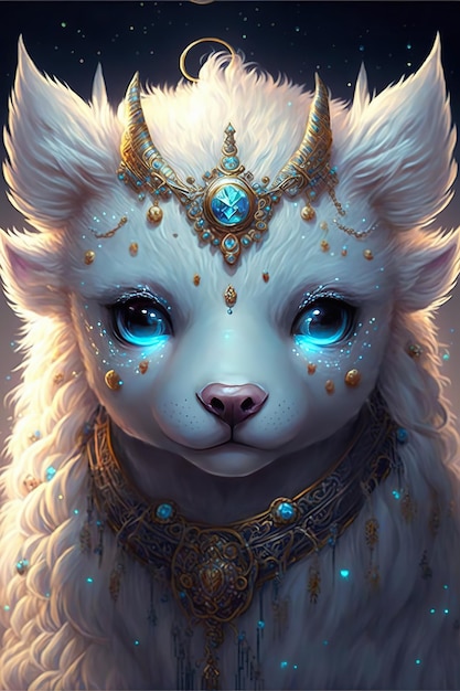 A blue eyed white dog with a gold necklace and blue eyes.