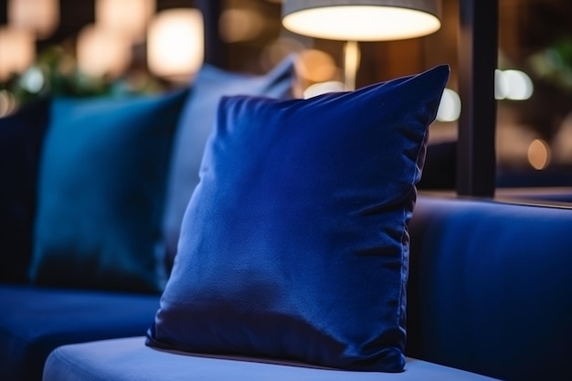 Photo blue fabric pillow on sofa couch furniture in living room