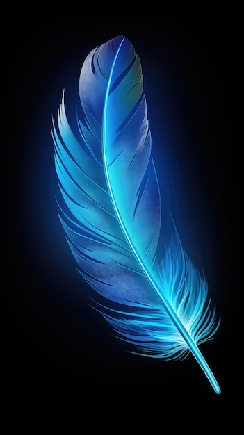 A blue feather glows on black