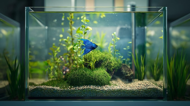 Photo a blue fish tank with plants and plants inside of it