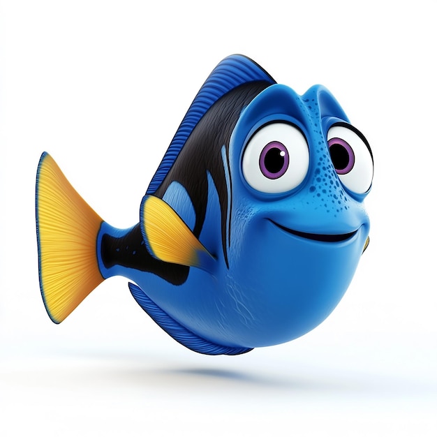 a blue fish with eyes and a yellow bow tie