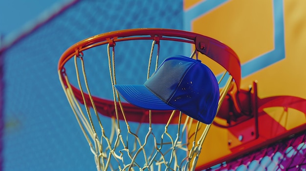 Photo blue fitted cap caught in basketball hoop net