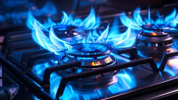 a blue flame of a gas stove with the blue flames of the gas