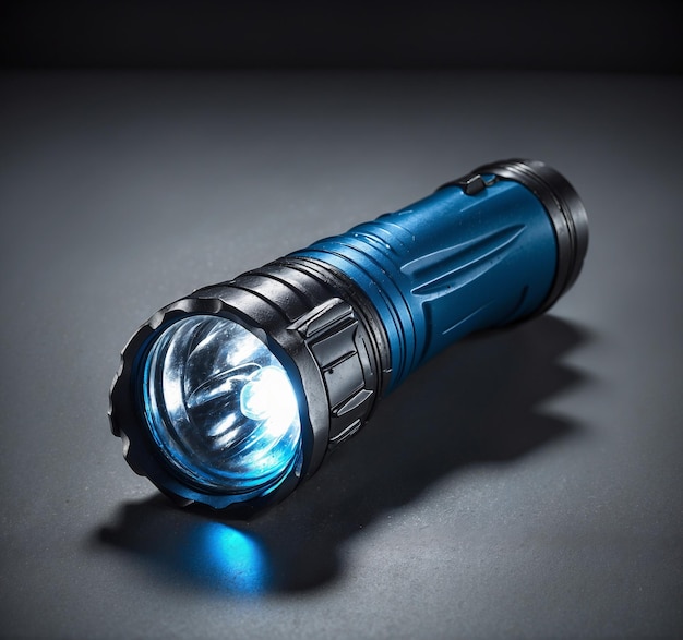 Blue flashlight on a dark background Closeup Selective focus