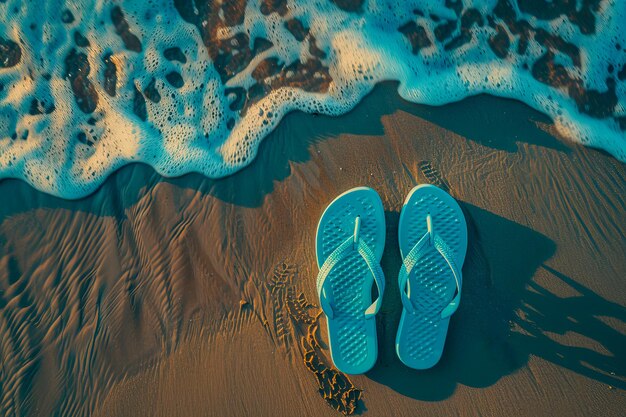 Blue flip flops on a beach summer background