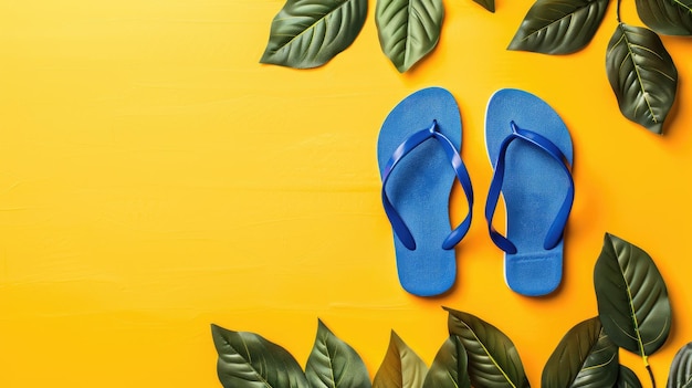 Blue flipflops on yellow background surrounded by green leaves