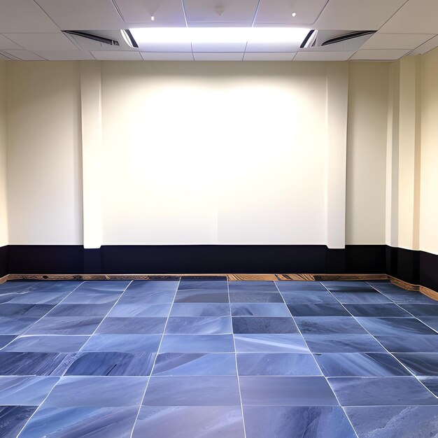 A blue floor in a building with a white wall behind it