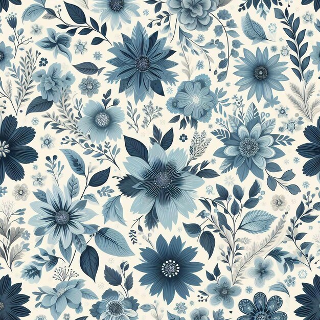 a blue floral background with blue flowers and leaves