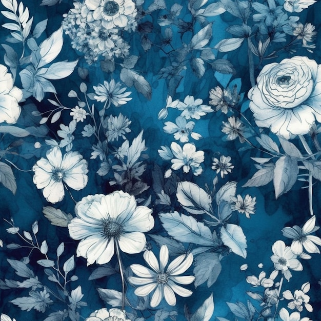 A blue floral background with a white flower.